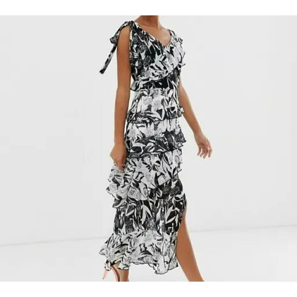 Dark Pink Deconstructed Midi Tea Dress Black White Layered Ruffled Sz US 2 /UK 6